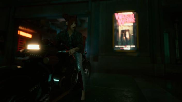 My V on a motorcycle in Night City